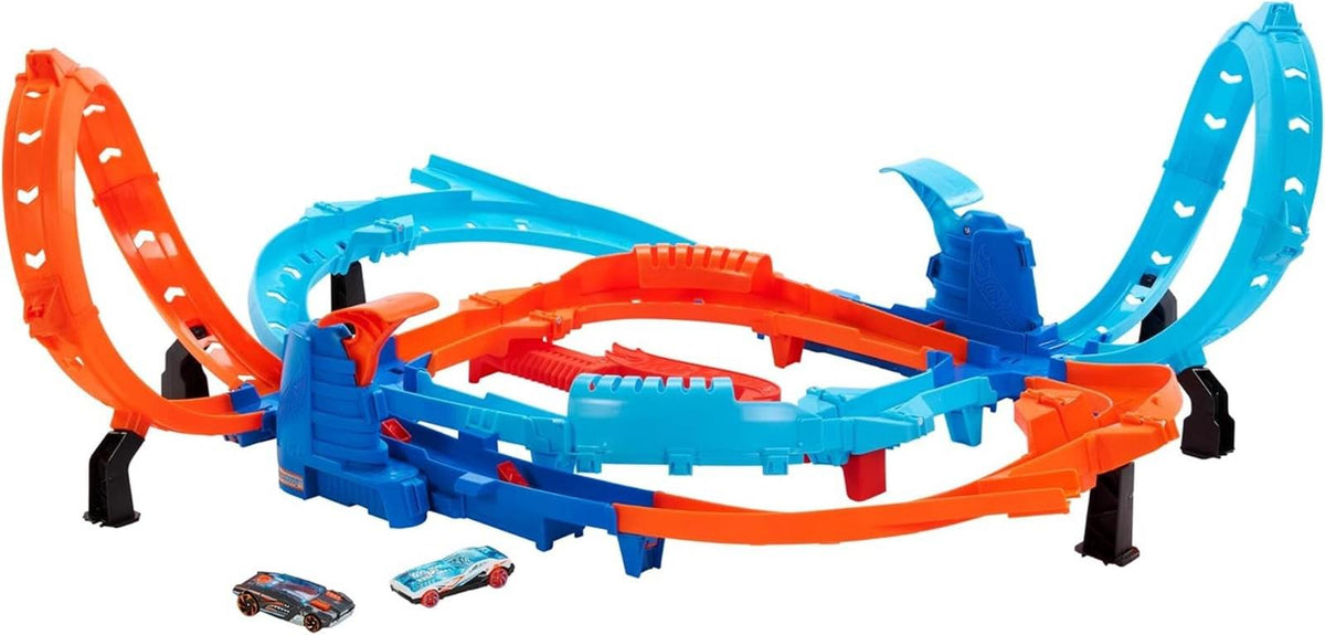 Hot Wheels Spielzeugauto Trackset, Ultra Hots Rasanter Wettkampfstart mit 2 Fahrzeugen im Maßstab 1:64, Kopf-an-Kopf-Rennen und Stunts, 2 manuell bedienbare Starter, HXR71