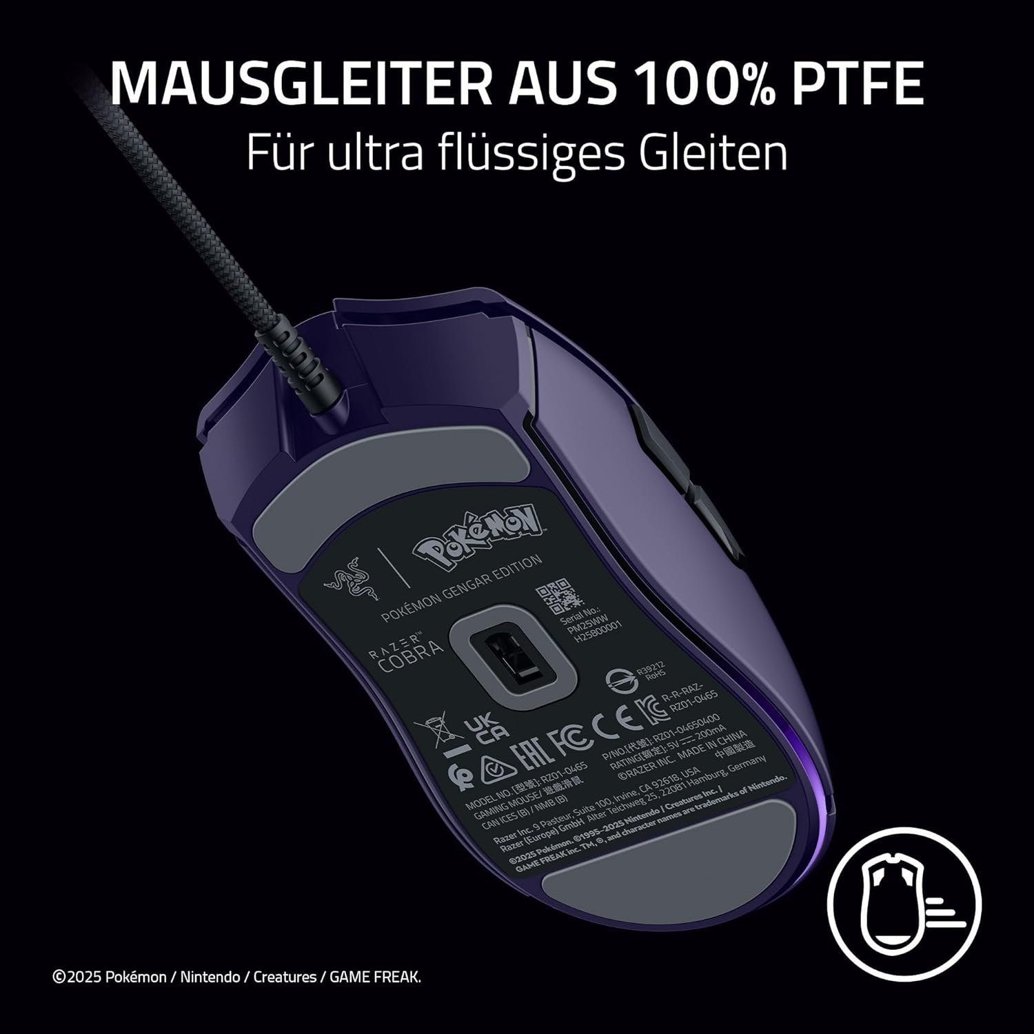 Razer Cobra Gengar Edition - Leichte kabelgebundene Gaming-Maus - 8500 DPI Sensor - 58g - optische Mausschalter 3th Gen - Chroma-Beleuchtung - Speedflex-Kabel - PC/MAC | Pokémon Gengar