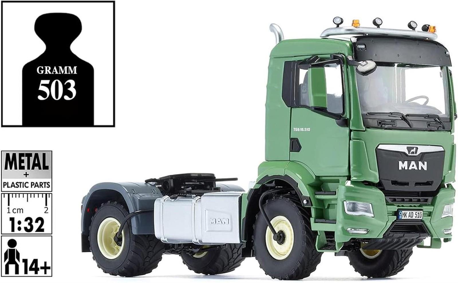 WIKING 077650 MAN TGS 18.510 4x4 BL 2-Achs Zugmaschine, Modell-Lkw, 1:32, Metall/Kunststoff, Ab 14 Jahre, Viele Funktionen, Inkl. Reifendruck-Regelanlage, Schwenkbarer Kühlergrill, Grün (Ackerdiesel)
