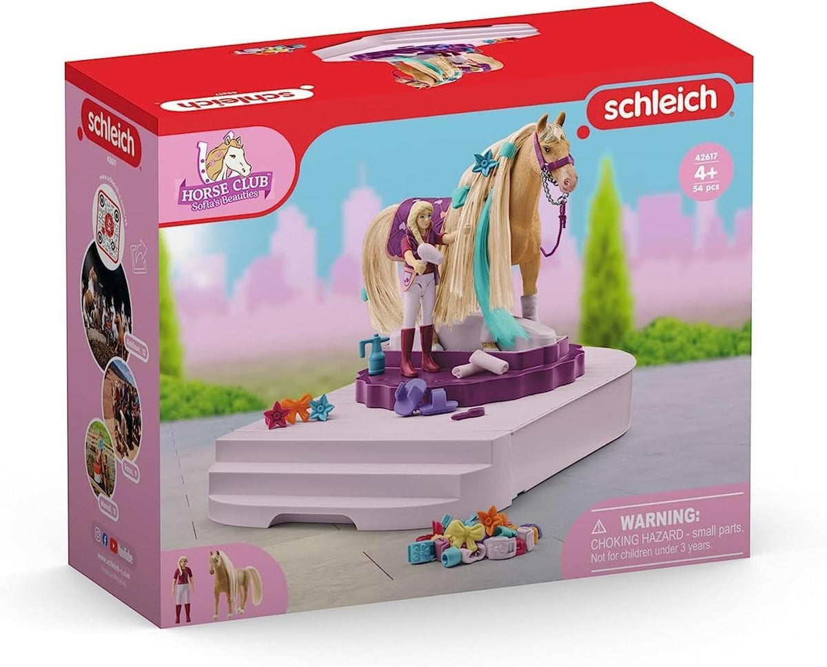 SCHLEICH Horse Club 42617 Sofia's Beauties Pflege und Styling Station mit Pferd mit Mähne und Reiterin - 54-Teiliges Set mit Pflege und Zubehörkiste mit Sofia-Figur, Pferde Spielzeug ab 4