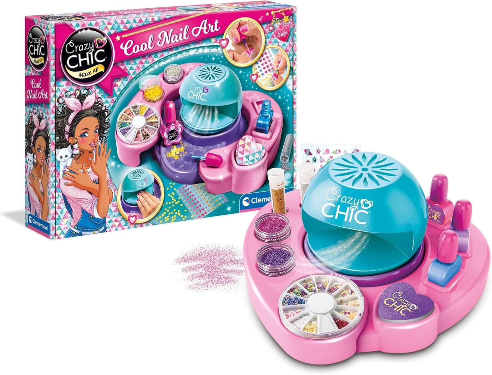 Clementoni Crazy Chic Cool Nail Art - DIY Nageldesign-Set für Kinder ab 6 Jahren - Kreativ-Spielzeug inkl. Nagellacke, Sticker, Glitzer & Nageltrockner 18599