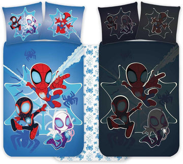 Spidey Kinderbett Bettwäsche Set 100x135 cm + Kissenbezug 40x60 cm 100% Baumwolle | Nachtleuchtender Stil Babybettwäsche Set perfekt für Kinder | Spiderman weiche Wendebettwäsche für Jungen