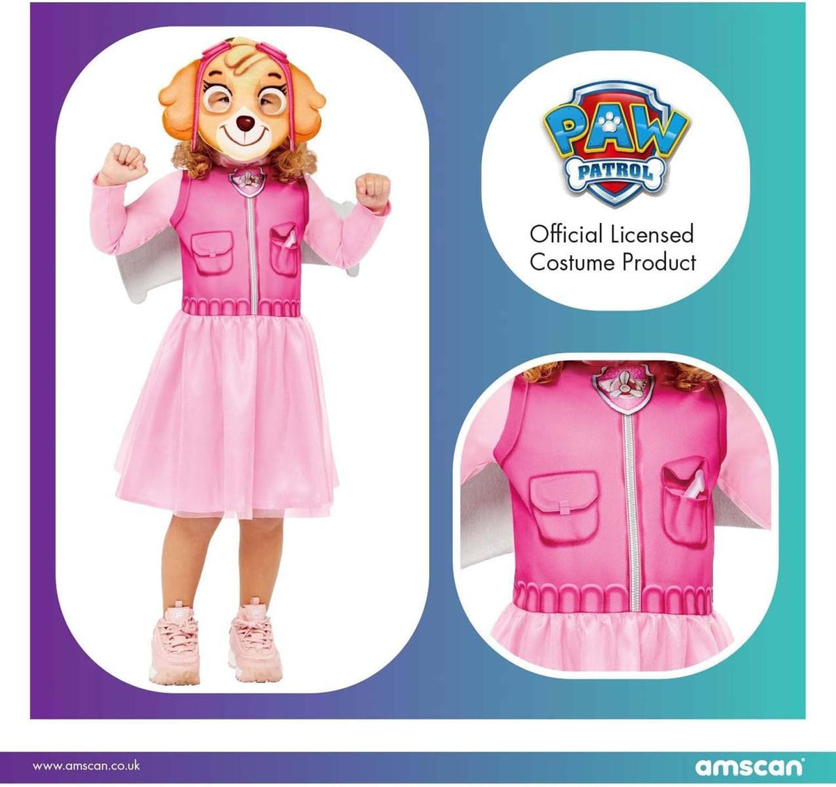 Amscan - Kinderkostüm Skye aus Paw Patrol, Kleid, Flügel, Maske, Serie, Helfer auf vier Pfoten, Hund, Motto-Party, Karneval