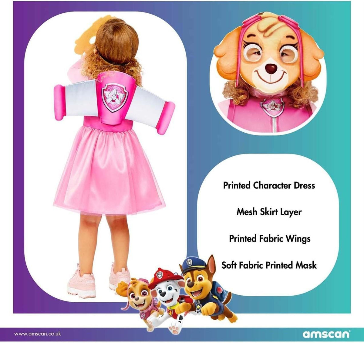 Amscan - Kinderkostüm Skye aus Paw Patrol, Kleid, Flügel, Maske, Serie, Helfer auf vier Pfoten, Hund, Motto-Party, Karneval