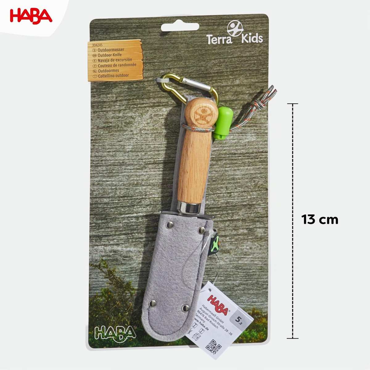HABA 304245 Terra Kids Outdoormesser, ergonomisches Freizeit und Schnitzmesser, feststehende Klinge aus rostfreiem Stahl, transparent