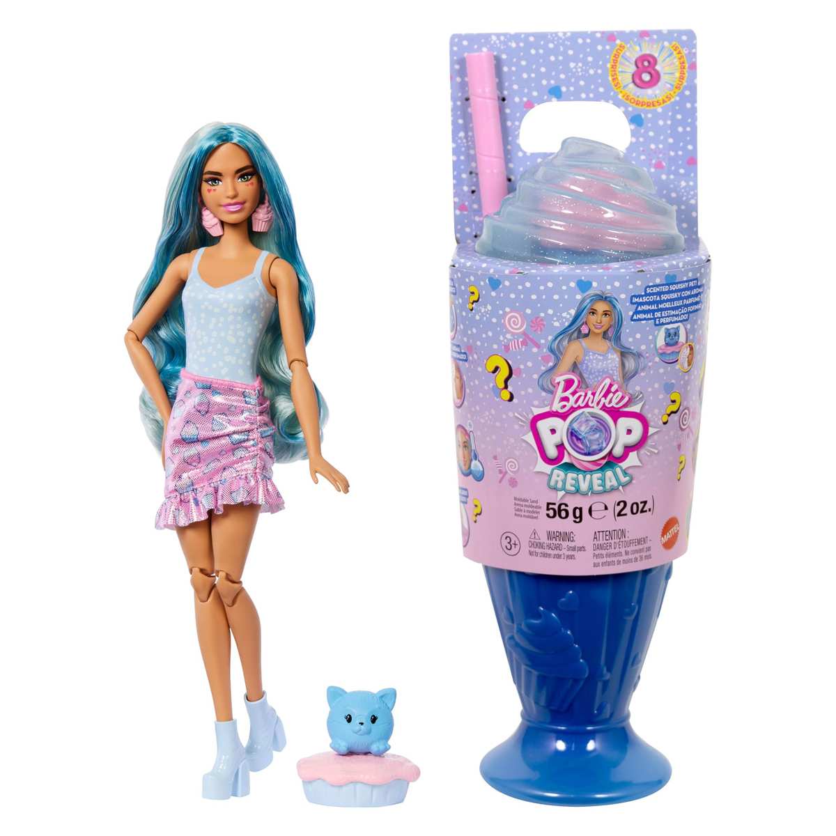 Barbie Pop Reveal Serie Set Modepuppe + Zubehör Cupcake Design + Haustier JFY61 3+