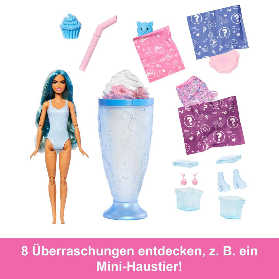 Barbie Pop Reveal Serie Set Modepuppe + Zubehör Cupcake Design + Haustier JFY61 3+