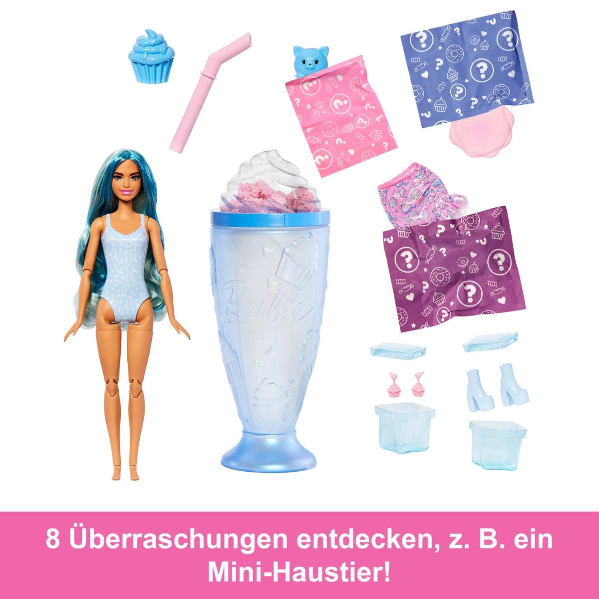 Barbie Pop Reveal Serie Set Modepuppe + Zubehör Cupcake Design + Haustier JFY61 3+
