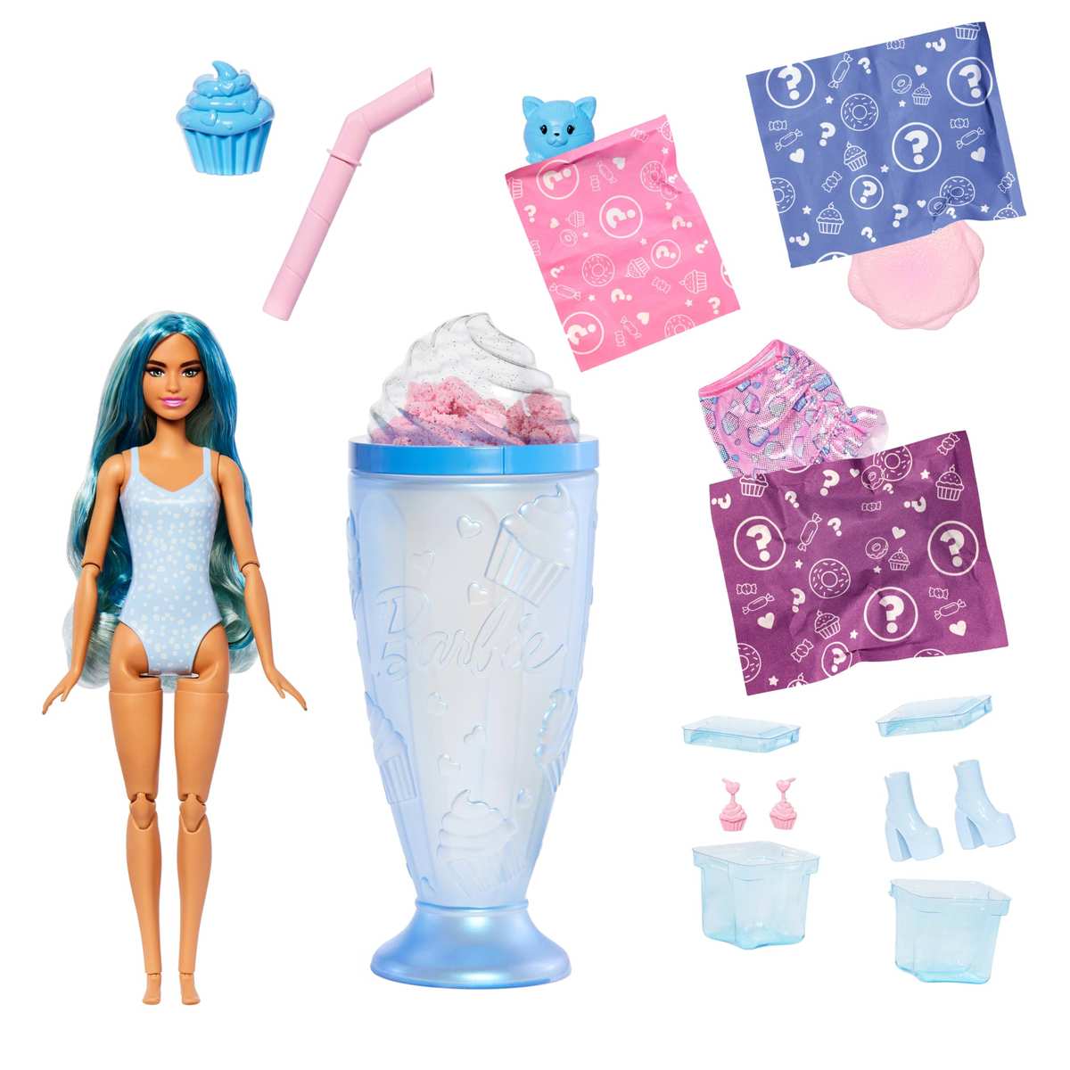 Barbie Pop Reveal Serie Set Modepuppe + Zubehör Cupcake Design + Haustier JFY61 3+