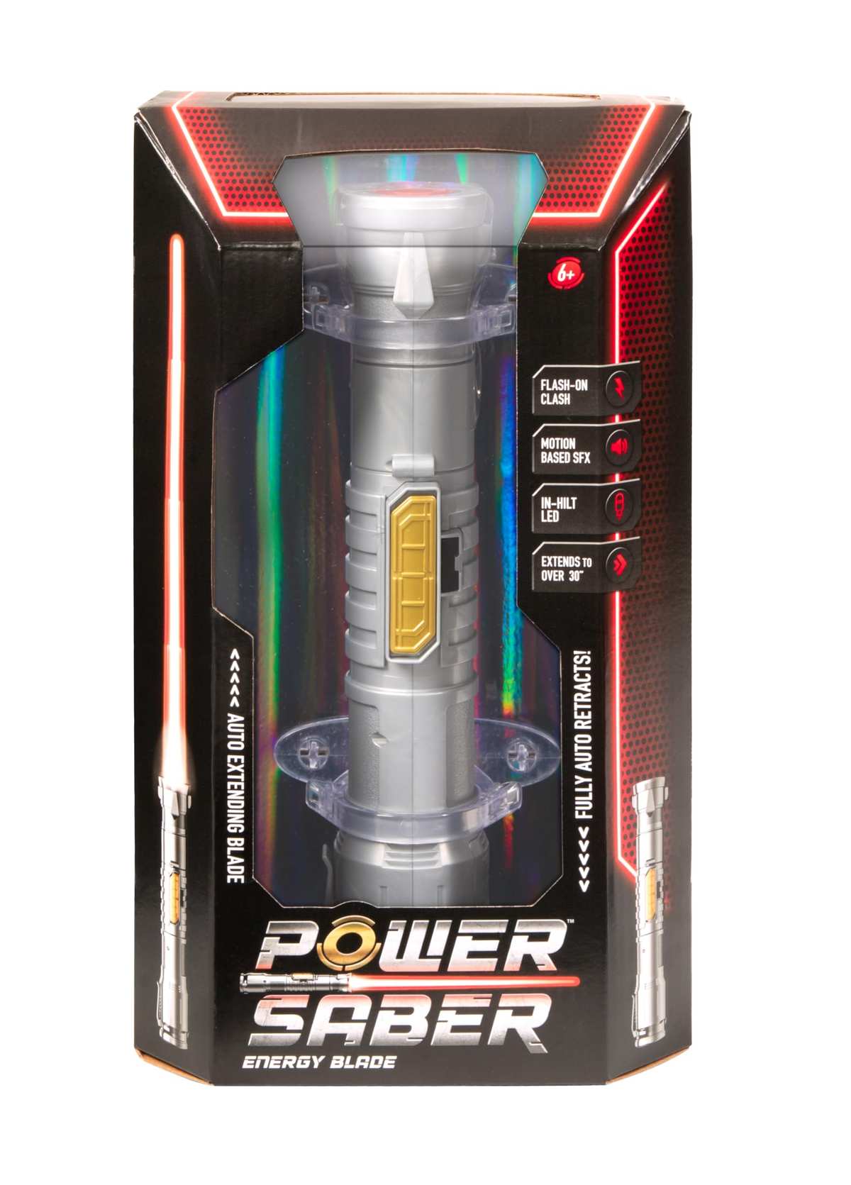 Goliath Power Saber Rot - Laserschwert für Kinder ab 6 Jahren, Automatisch ausziehbar und einziehbar, Realistisches Laserspielzeug, Intergalaktischer Kampf, 30cm/ ausgezogen 90cm, Box Fenster