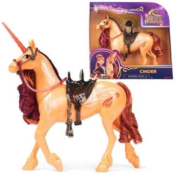Unicorn Academy Einhorn Cinder - 28 cm groß, Original-Einhorn von Valentina zur Netflix-Serie, mit echter Mähne und Schweif, abnehmbarem Zaumzeug und Sattel sowie Bürste, für Kinder ab 4 Jahren