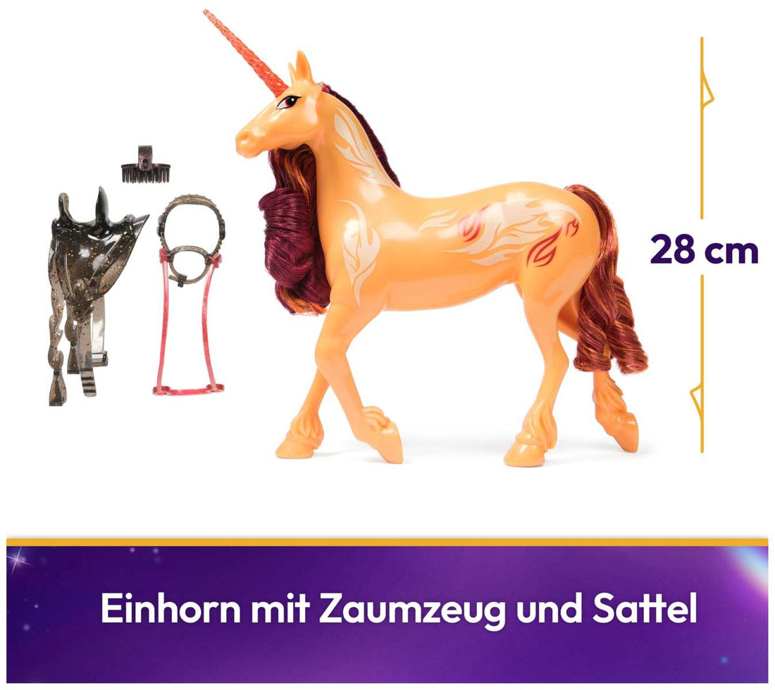 Unicorn Academy Einhorn Cinder - 28 cm groß, Original-Einhorn von Valentina zur Netflix-Serie, mit echter Mähne und Schweif, abnehmbarem Zaumzeug und Sattel sowie Bürste, für Kinder ab 4 Jahren