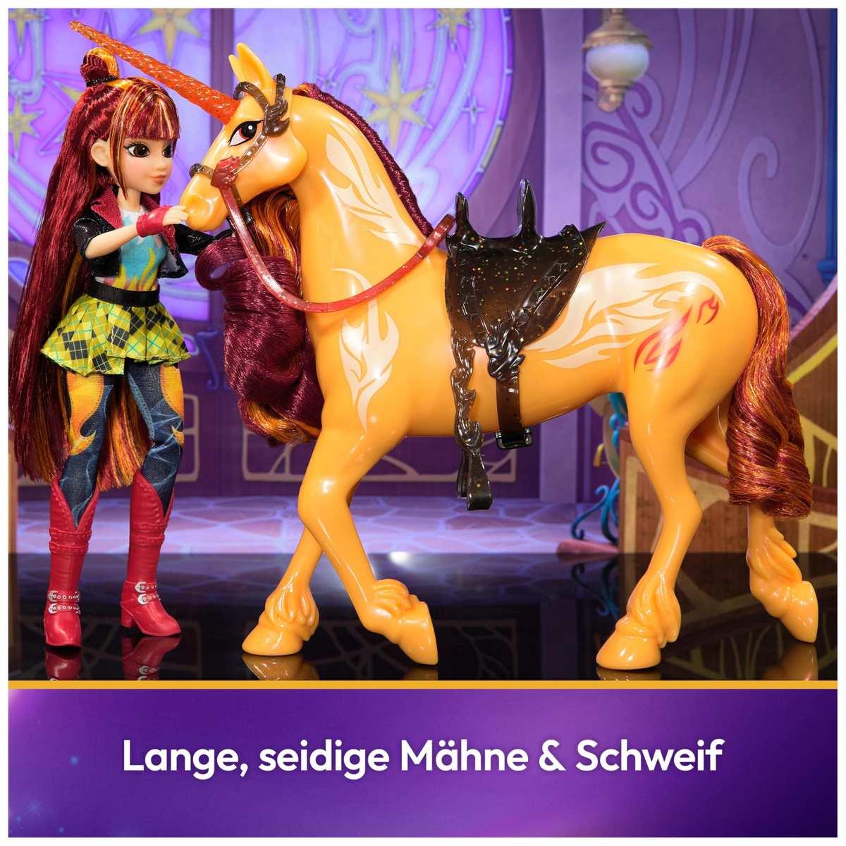 Unicorn Academy Einhorn Cinder - 28 cm groß, Original-Einhorn von Valentina zur Netflix-Serie, mit echter Mähne und Schweif, abnehmbarem Zaumzeug und Sattel sowie Bürste, für Kinder ab 4 Jahren