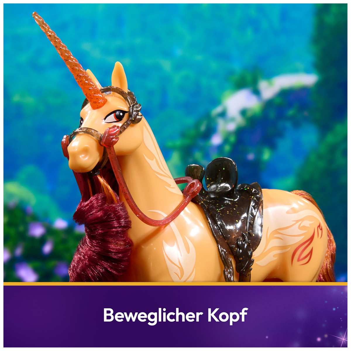 Unicorn Academy Einhorn Cinder - 28 cm groß, Original-Einhorn von Valentina zur Netflix-Serie, mit echter Mähne und Schweif, abnehmbarem Zaumzeug und Sattel sowie Bürste, für Kinder ab 4 Jahren