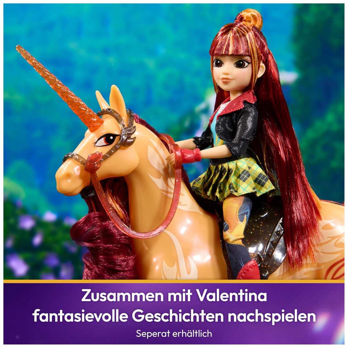 Unicorn Academy Einhorn Cinder - 28 cm groß, Original-Einhorn von Valentina zur Netflix-Serie, mit echter Mähne und Schweif, abnehmbarem Zaumzeug und Sattel sowie Bürste, für Kinder ab 4 Jahren