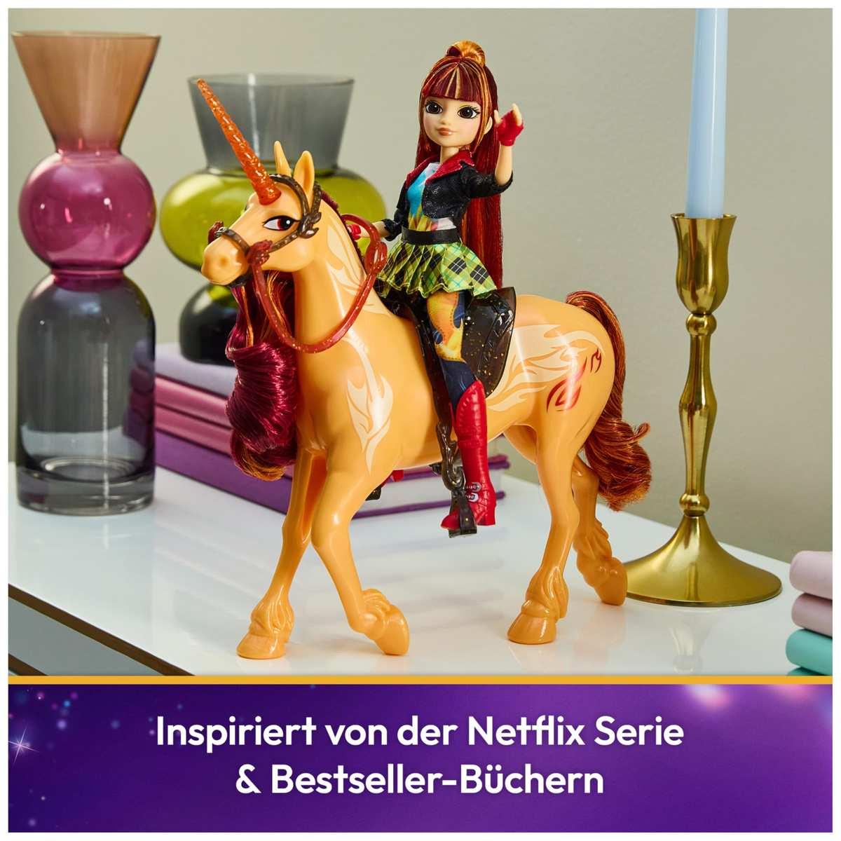 Unicorn Academy Einhorn Cinder - 28 cm groß, Original-Einhorn von Valentina zur Netflix-Serie, mit echter Mähne und Schweif, abnehmbarem Zaumzeug und Sattel sowie Bürste, für Kinder ab 4 Jahren