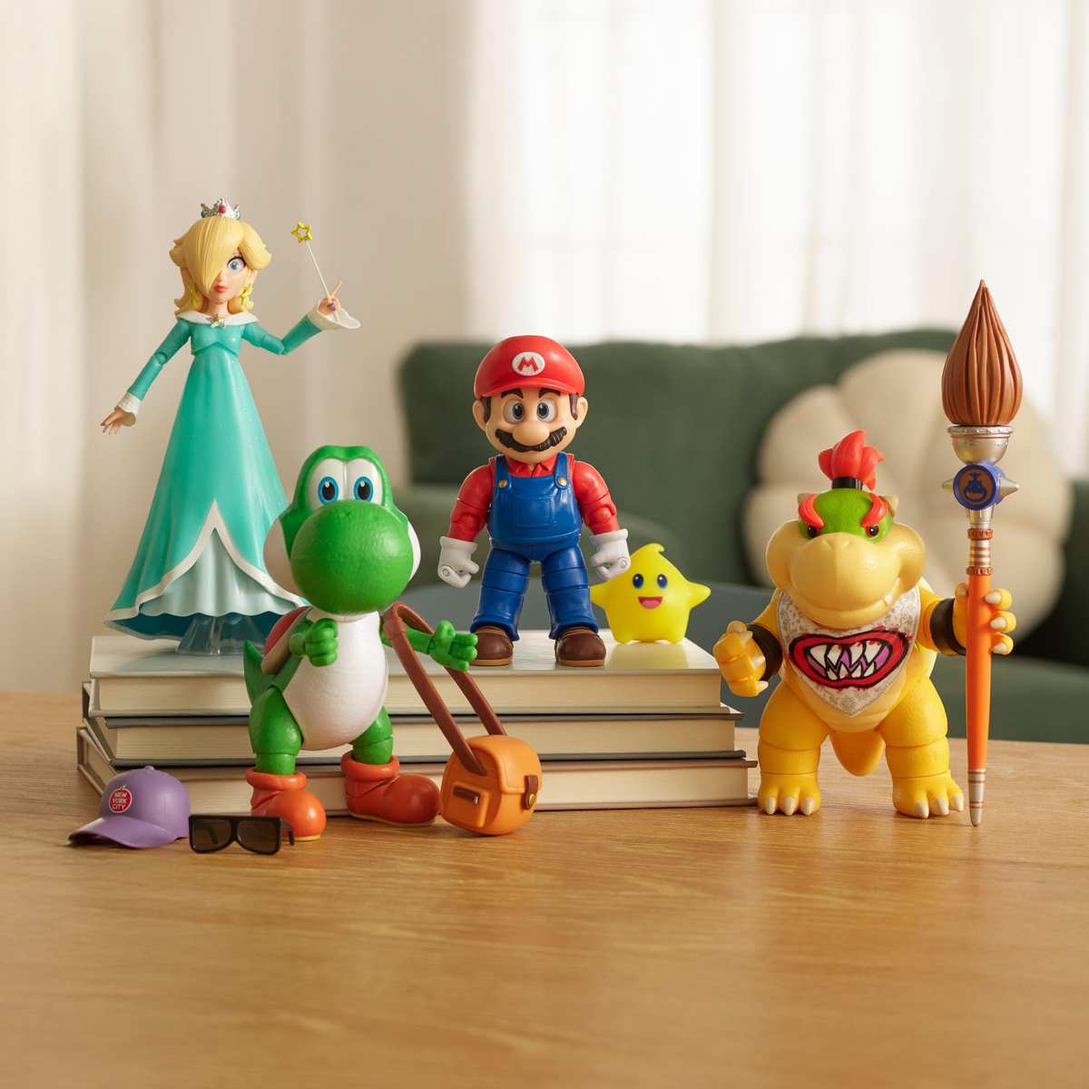 Super Mario Galaxy Movie – 13 cm Figurenserie – Yoshi-Figur mit Hut, Sonnenbrille und Tasche