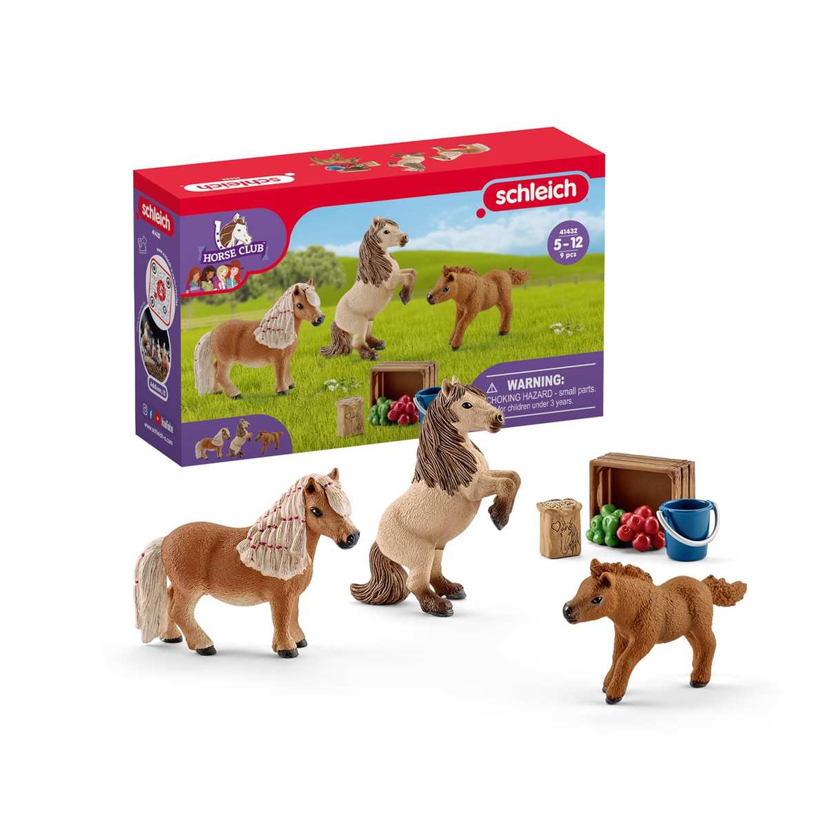 Schleich Horse Club | Mini Shetty Familie 41432 | ab 5 Jahren | 9 Teile | 3 Pony Figuren mit Pferde Zubehör | tolles Geschenk für Mädchen und Jungen | Spielzeug für Kinder
