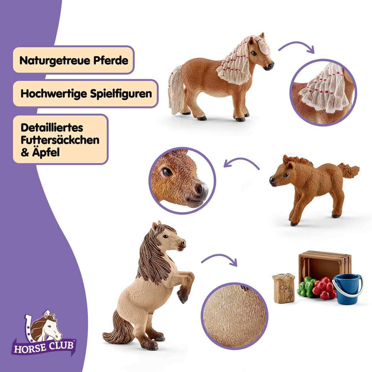 Schleich Horse Club | Mini Shetty Familie 41432 | ab 5 Jahren | 9 Teile | 3 Pony Figuren mit Pferde Zubehör | tolles Geschenk für Mädchen und Jungen | Spielzeug für Kinder