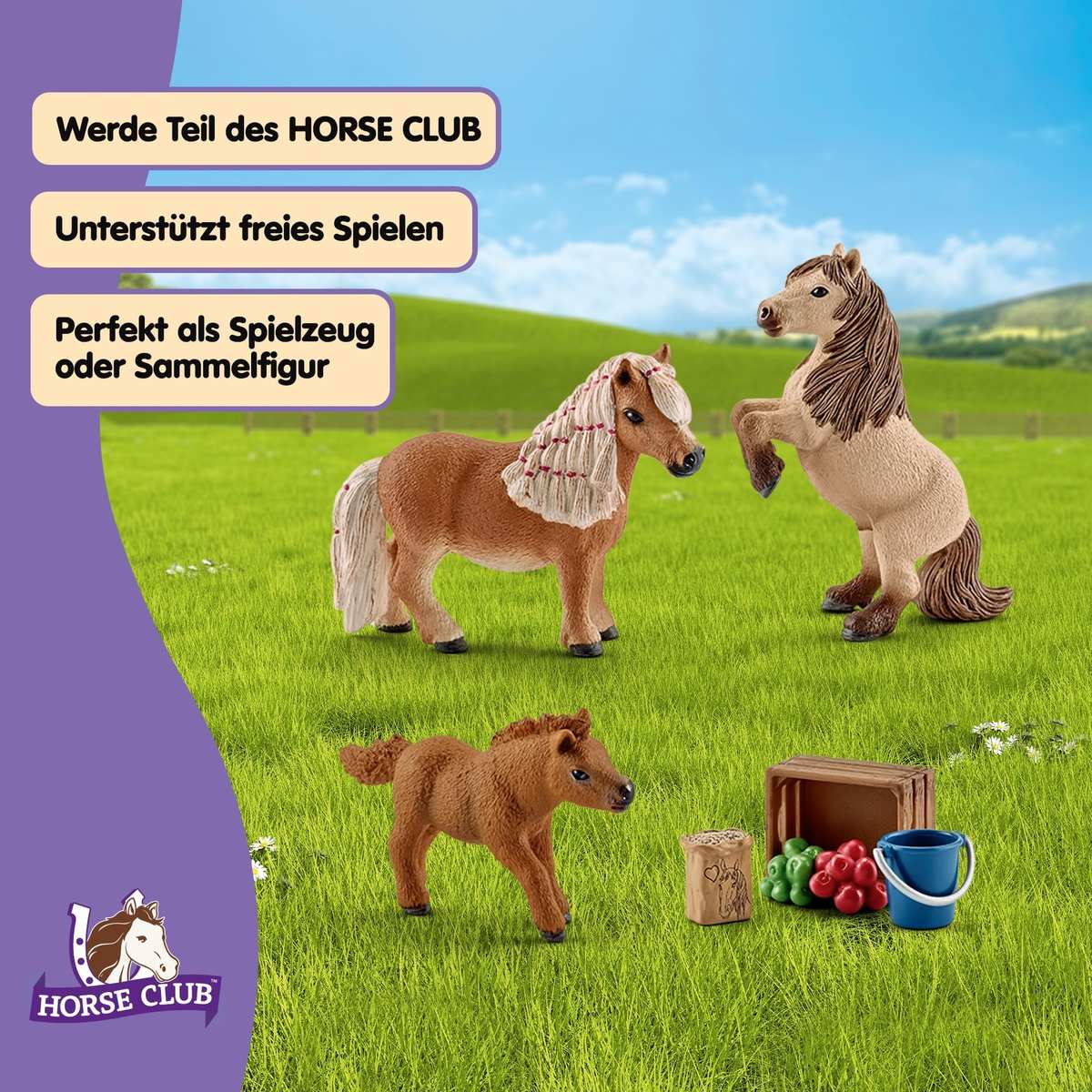 Schleich Horse Club | Mini Shetty Familie 41432 | ab 5 Jahren | 9 Teile | 3 Pony Figuren mit Pferde Zubehör | tolles Geschenk für Mädchen und Jungen | Spielzeug für Kinder