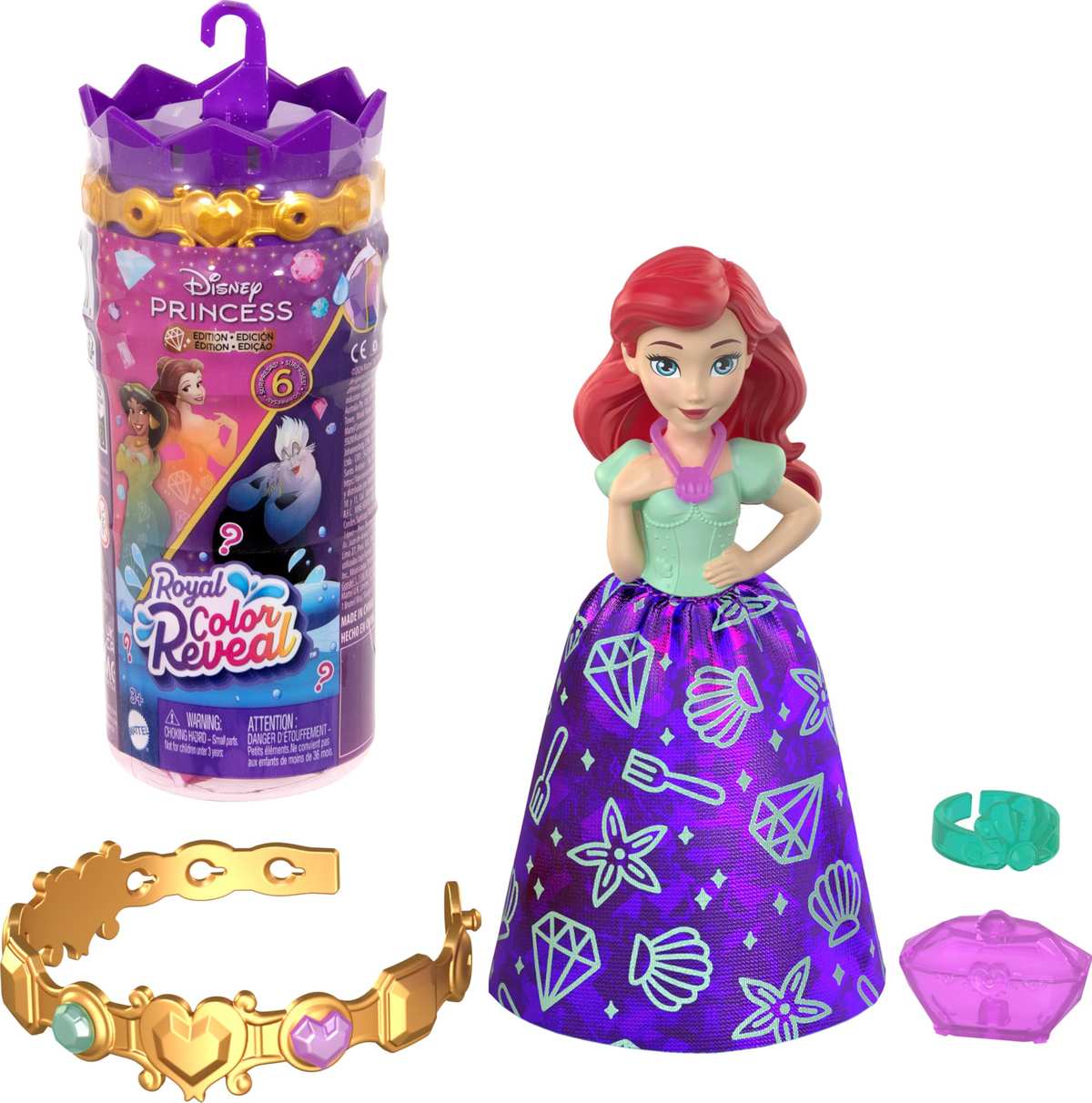 Mattel Disney Princess Toys 6 kleine Puppen-Überraschung königliche Farbenthüllung Armband Puppen können variieren 3+