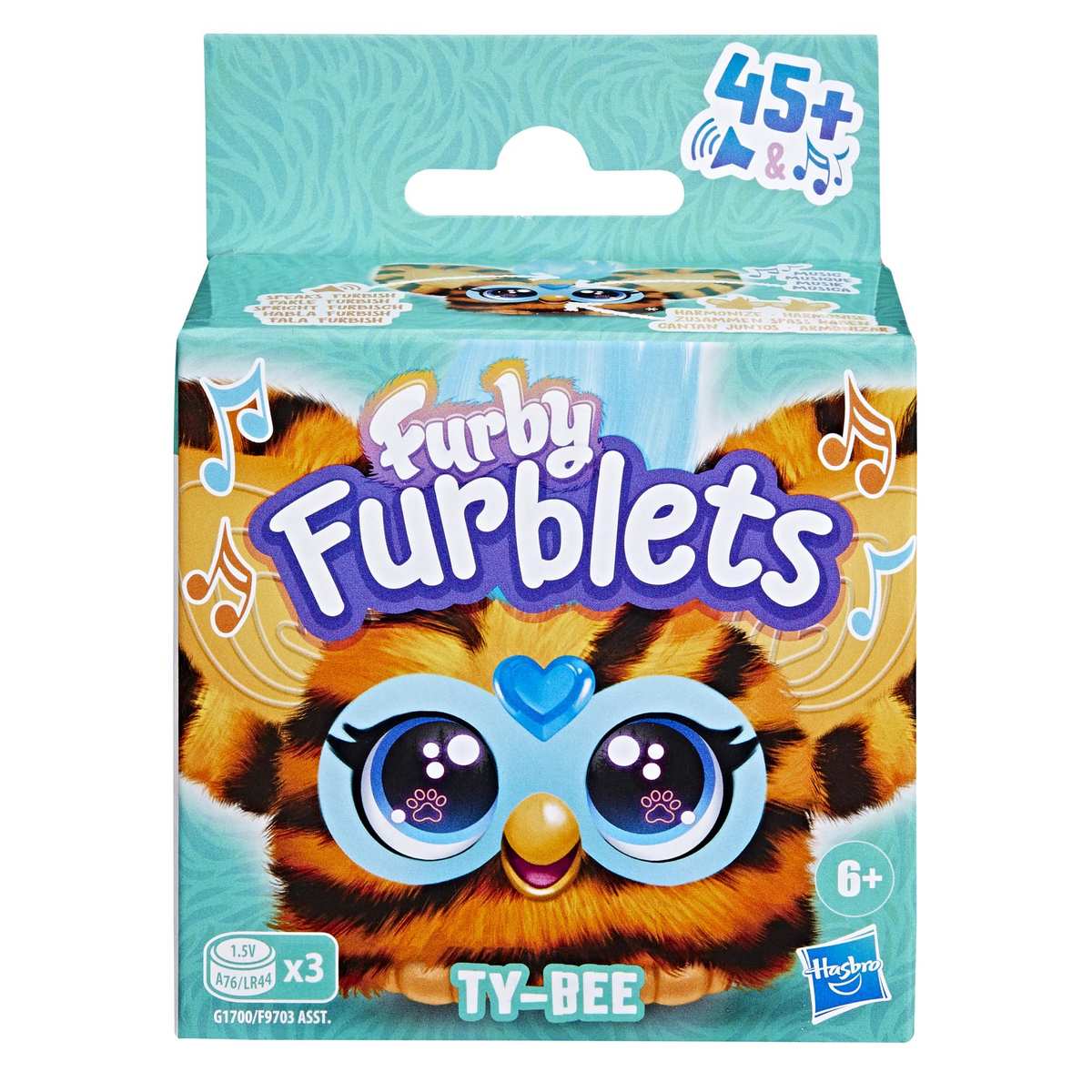 Furby Furblets Ty-Bee elektronisches Plüschtier mit Tiger-Muster Stofftier 6+ mit Musik und Geräuschen und Schlüsselanhänger
