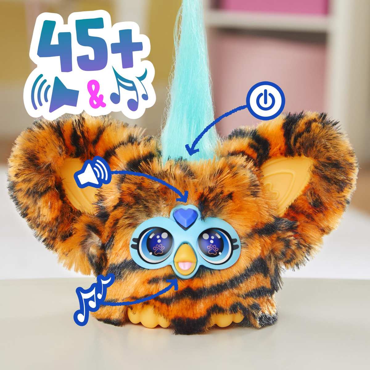 Furby Furblets Ty-Bee elektronisches Plüschtier mit Tiger-Muster Stofftier 6+ mit Musik und Geräuschen und Schlüsselanhänger