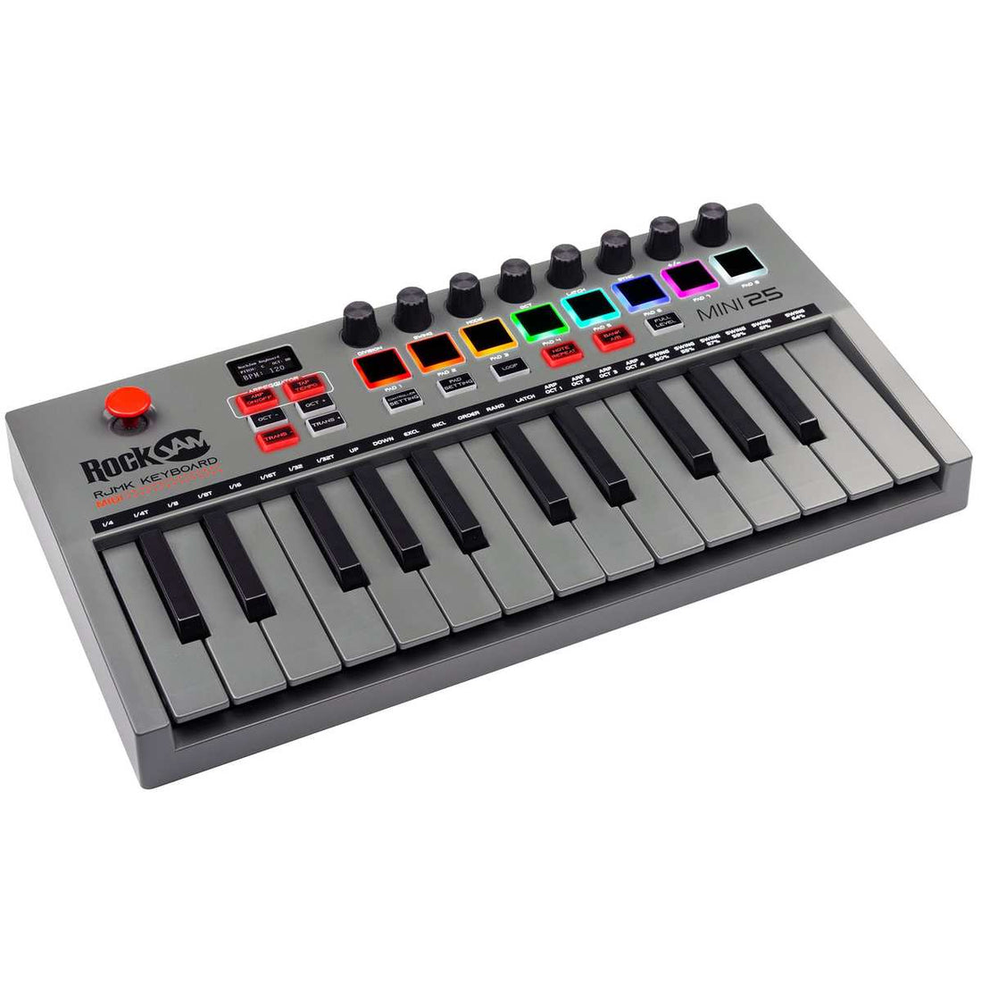 RockJam Go 25 Key USB & Bluetooth MIDI Keyboard Controller With 8 Backlit Drum Pads, 8 Knobs