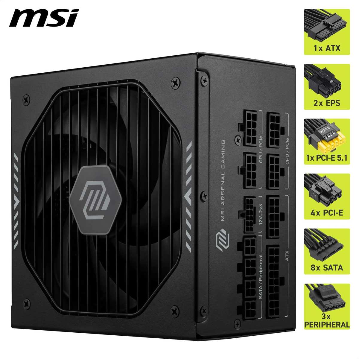 MSI MAG A850GLS PCIE5 Netzteil, 850W, 80 Plus Gold, ATX 3.1, PCIe 5.1 GPU Support, Native 12V-2x6, Zweifarbiger 12V-2x6 Anschluss, ATX PSU, Modulare Kabel