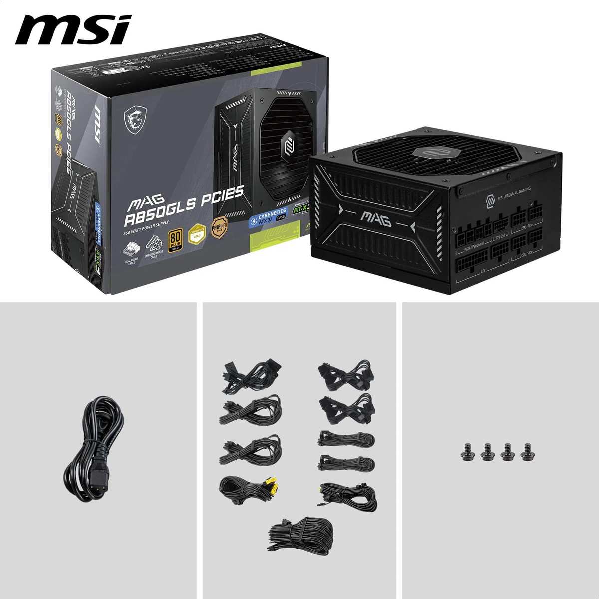 MSI MAG A850GLS PCIE5 Netzteil, 850W, 80 Plus Gold, ATX 3.1, PCIe 5.1 GPU Support, Native 12V-2x6, Zweifarbiger 12V-2x6 Anschluss, ATX PSU, Modulare Kabel