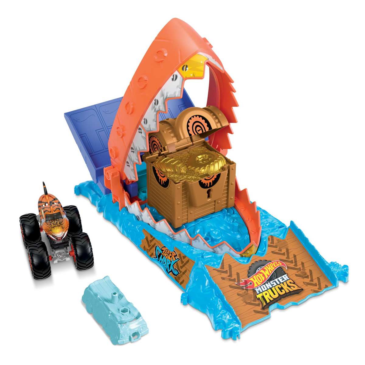 Hot Wheels Monster Trucks Arena Smashers Schatz-Beiss-Challenge Spielset Ungezähmter Tigerhai-Raubtier HTP17 4+