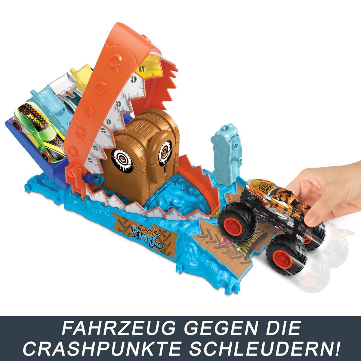 Hot Wheels Monster Trucks Arena Smashers Schatz-Beiss-Challenge Spielset Ungezähmter Tigerhai-Raubtier HTP17 4+