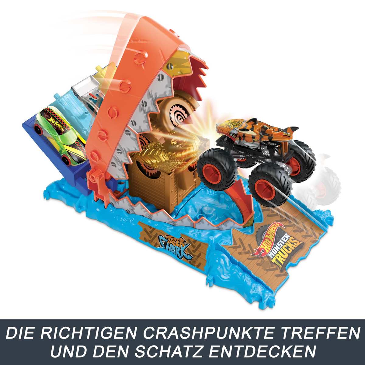 Hot Wheels Monster Trucks Arena Smashers Schatz-Beiss-Challenge Spielset Ungezähmter Tigerhai-Raubtier HTP17 4+