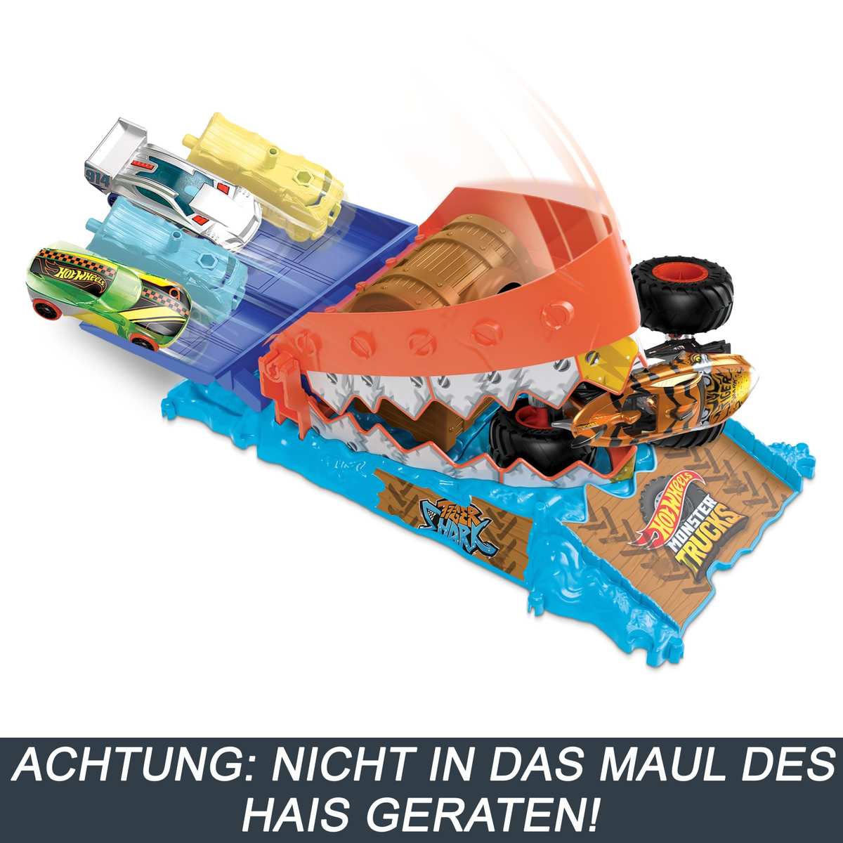 Hot Wheels Monster Trucks Arena Smashers Schatz-Beiss-Challenge Spielset Ungezähmter Tigerhai-Raubtier HTP17 4+