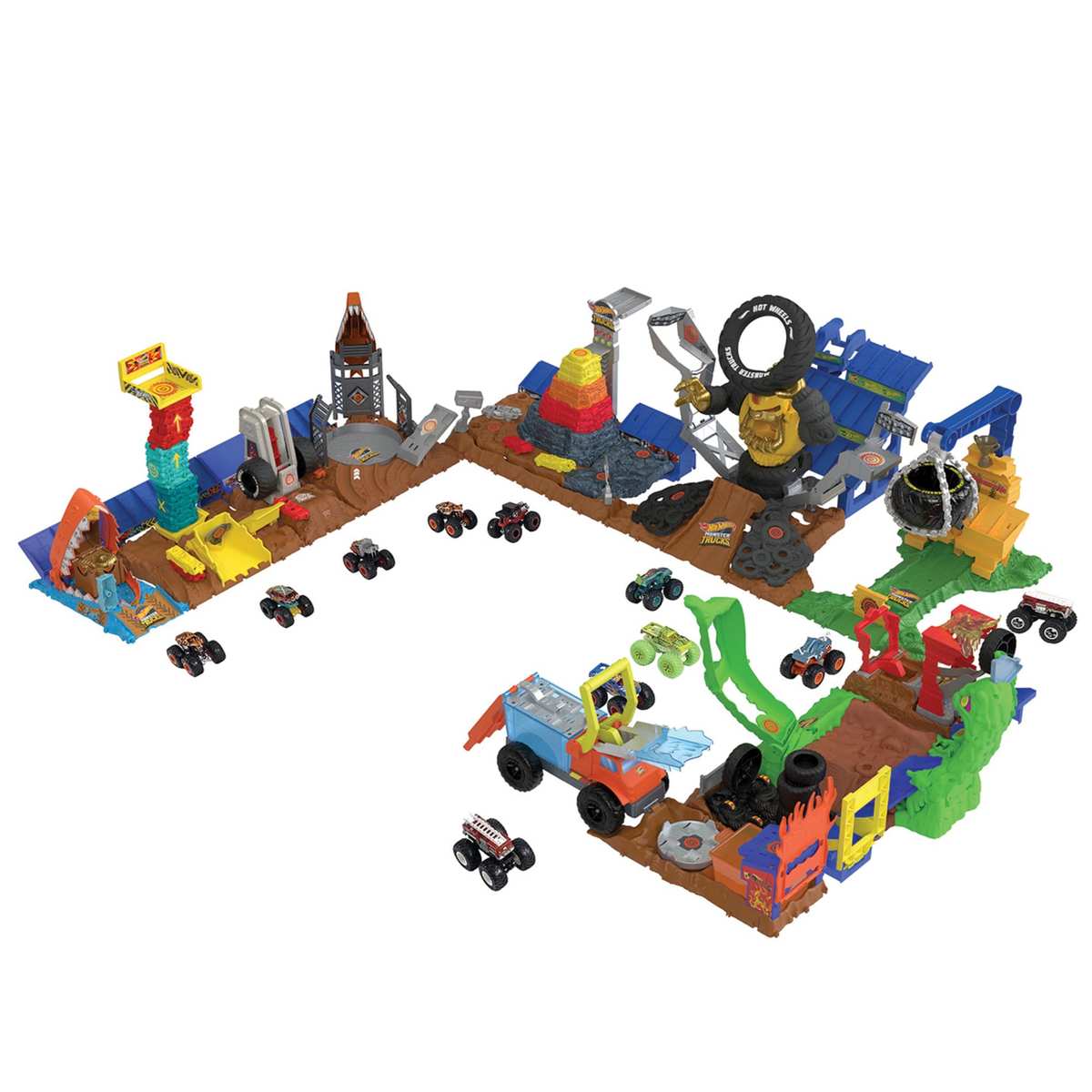 Hot Wheels Monster Trucks Arena Smashers Schatz-Beiss-Challenge Spielset Ungezähmter Tigerhai-Raubtier HTP17 4+