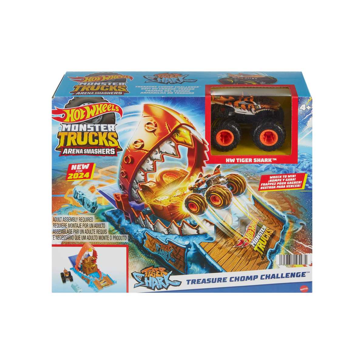 Hot Wheels Monster Trucks Arena Smashers Schatz-Beiss-Challenge Spielset Ungezähmter Tigerhai-Raubtier HTP17 4+