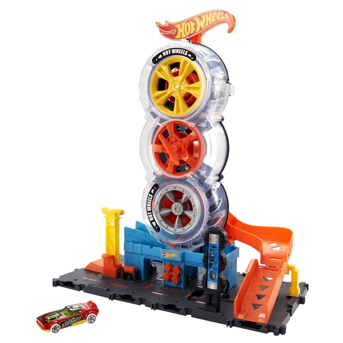 Hot Wheels City Super Reifenshop Spielset enthält 1 Fahrzeug Spielzeug für Kinder von 4 bis 8 Jahren HDP02
