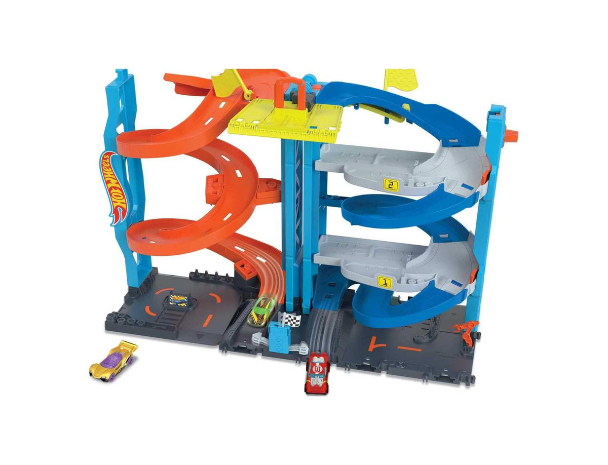 Hot Wheels City Trackset + 1 Hot Wheels Auto 2-in-1-Rennturm von Einzelbahn in zweispurige Rennbahn umwandelbar HKX43 3+