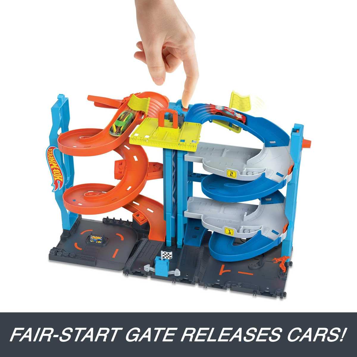 Hot Wheels City Trackset + 1 Hot Wheels Auto 2-in-1-Rennturm von Einzelbahn in zweispurige Rennbahn umwandelbar HKX43 3+
