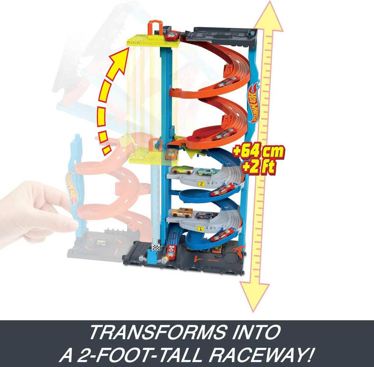 Hot Wheels City Trackset + 1 Hot Wheels Auto 2-in-1-Rennturm von Einzelbahn in zweispurige Rennbahn umwandelbar HKX43 3+