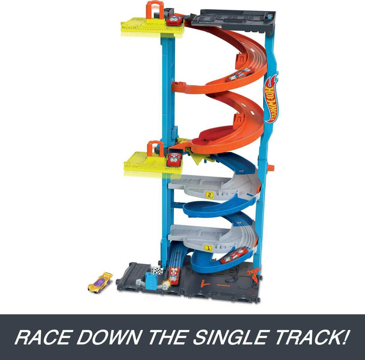 Hot Wheels City Trackset + 1 Hot Wheels Auto 2-in-1-Rennturm von Einzelbahn in zweispurige Rennbahn umwandelbar HKX43 3+