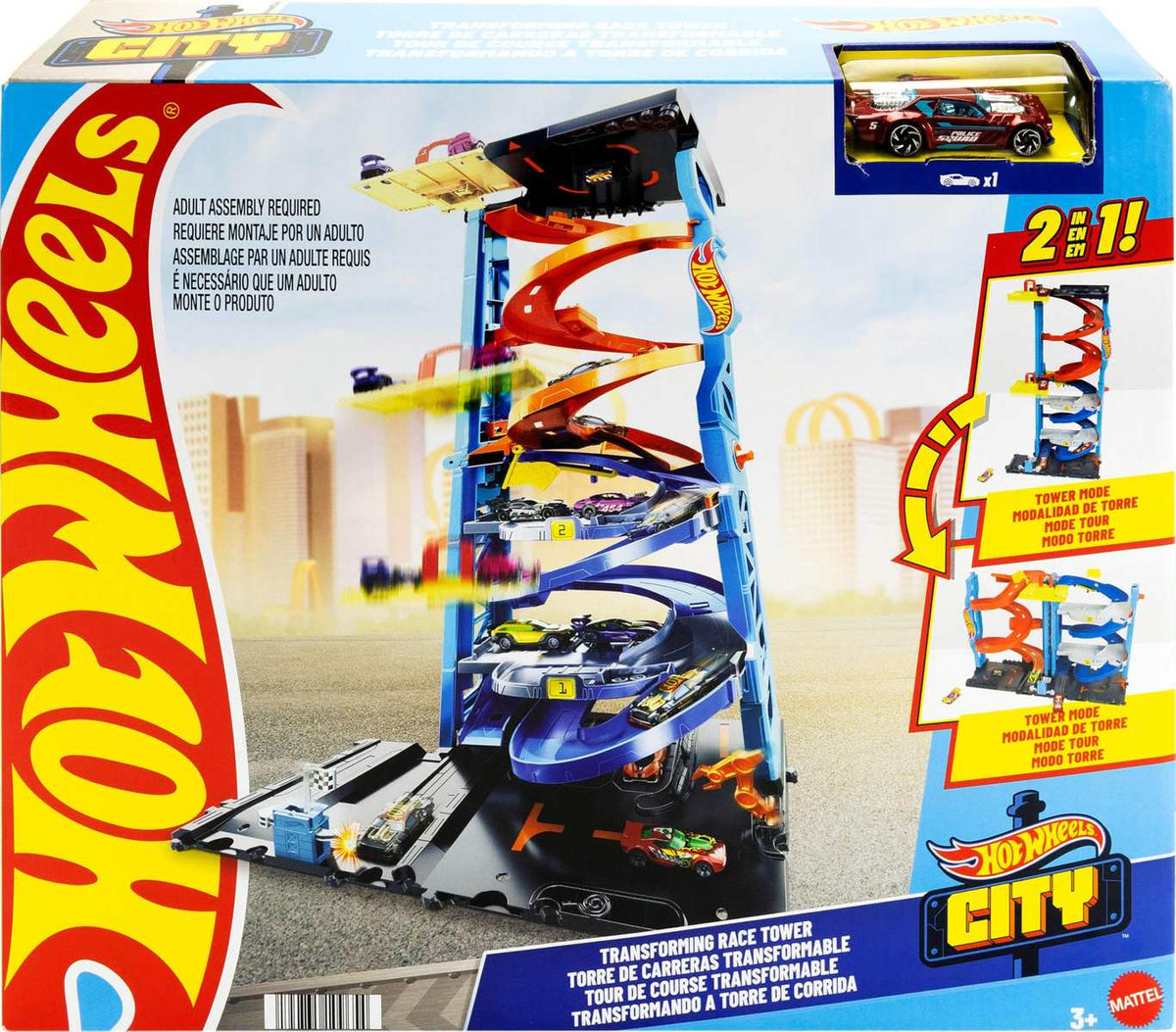 Hot Wheels City Trackset + 1 Hot Wheels Auto 2-in-1-Rennturm von Einzelbahn in zweispurige Rennbahn umwandelbar HKX43 3+