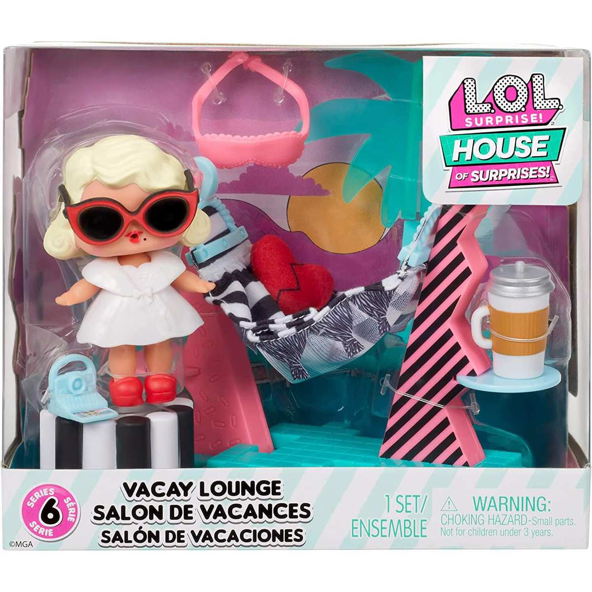 L.O.L. Surprise! OMG House of Surprises Playset Vacay Lounge 7,6 cm große Puppe Leading Baby 4+