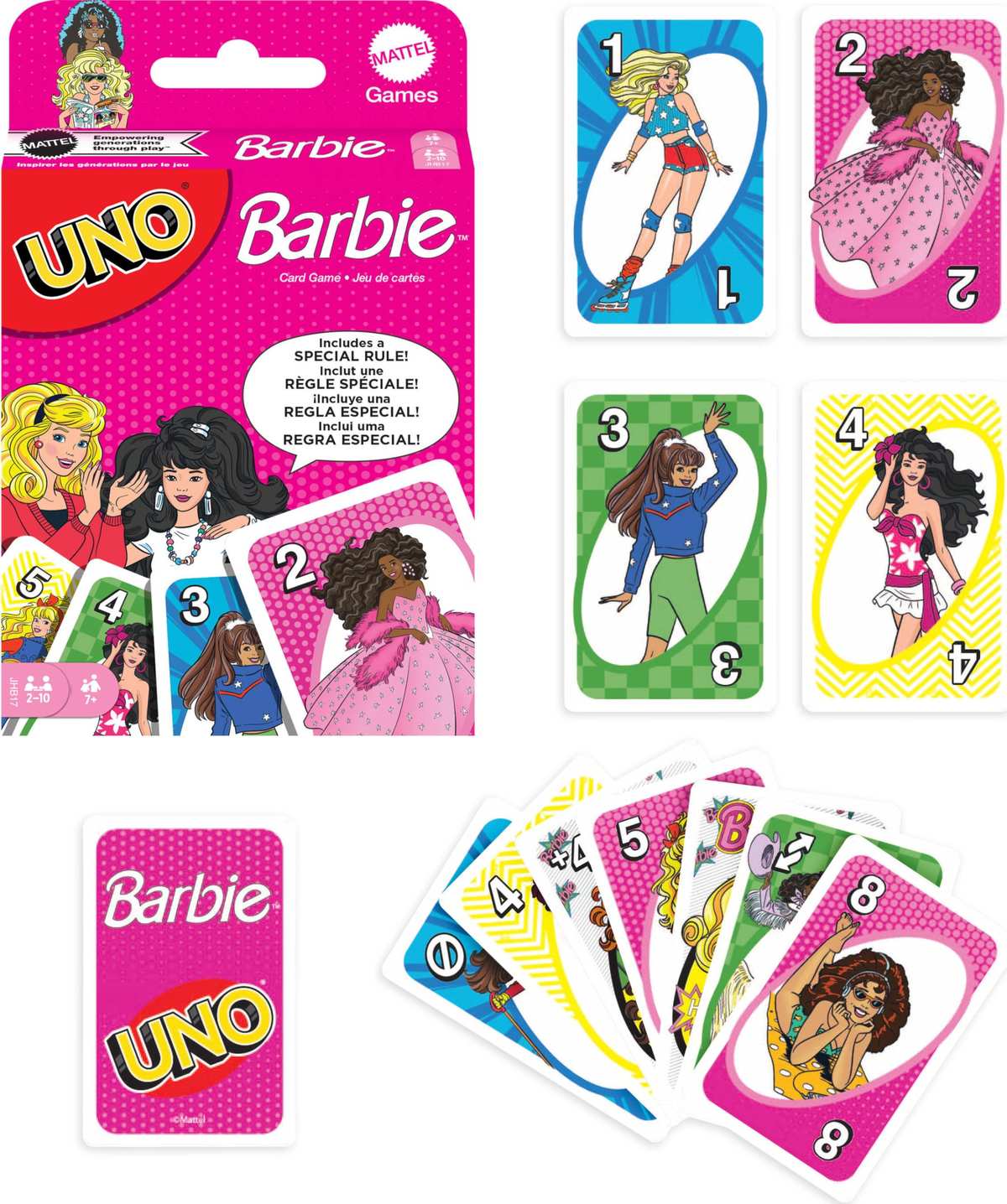 Mattel Games UNO Barbie Kartenspiel spezielle Hi Barbie! Regeln 7+ 2-4 Spieler