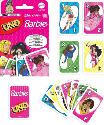 Mattel Games UNO Barbie Kartenspiel spezielle Hi Barbie! Regeln 7+ 2-4 Spieler
