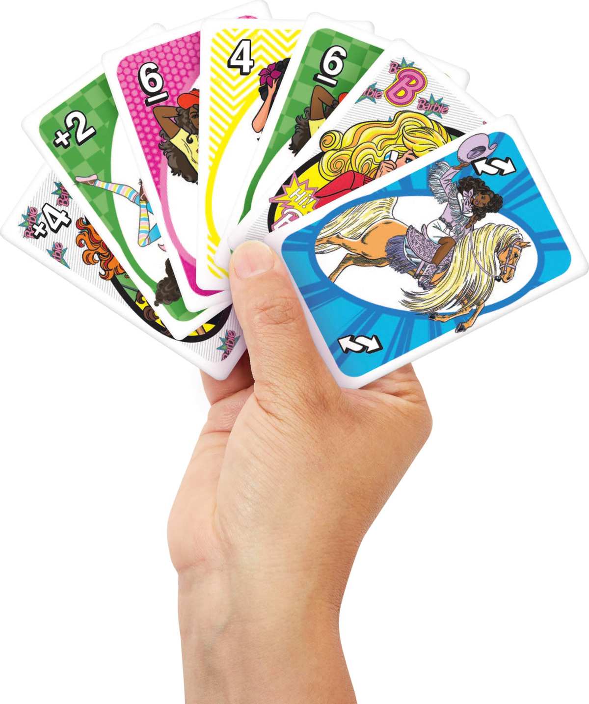 Mattel Games UNO Barbie Kartenspiel spezielle Hi Barbie! Regeln 7+ 2-4 Spieler