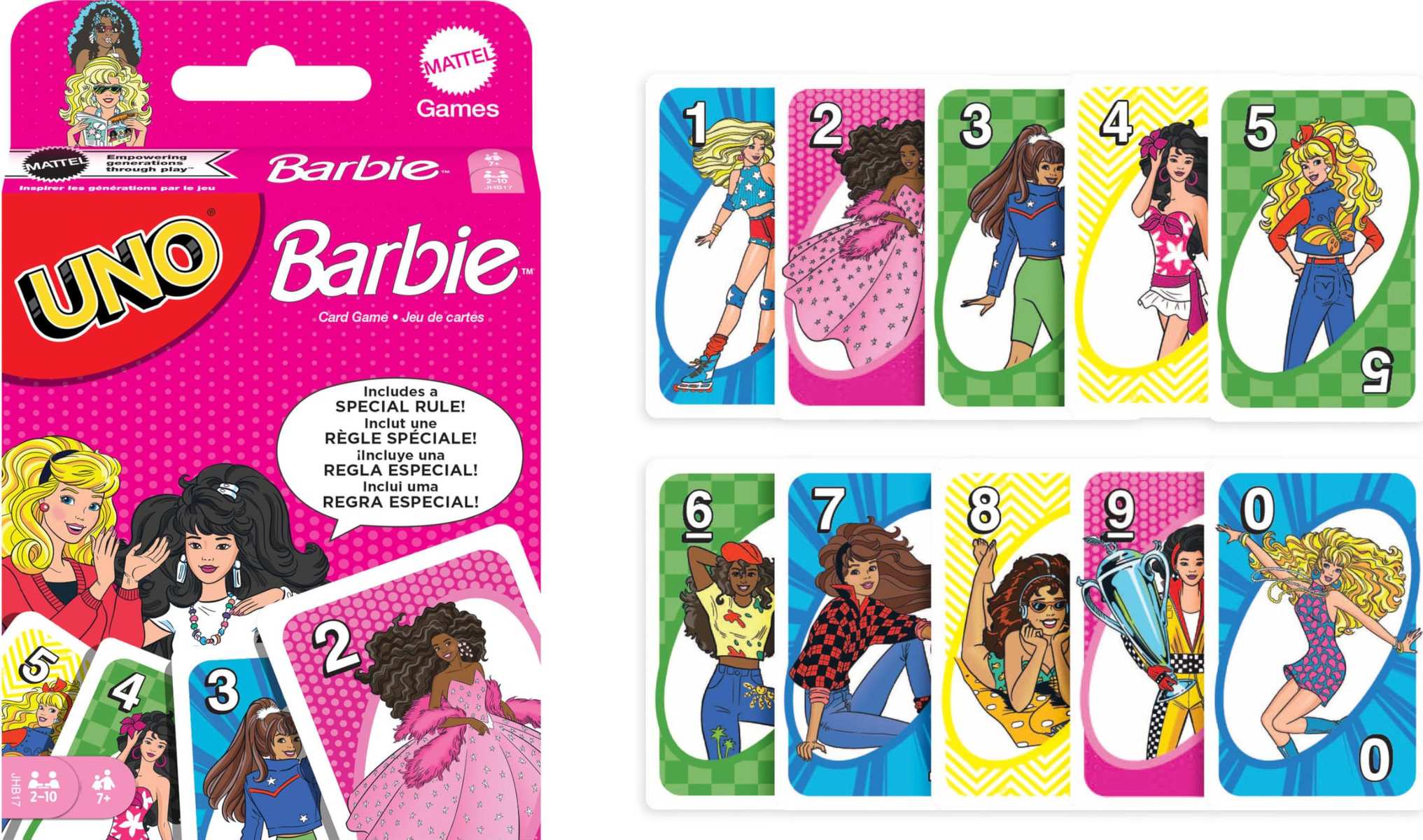 Mattel Games UNO Barbie Kartenspiel spezielle Hi Barbie! Regeln 7+ 2-4 Spieler