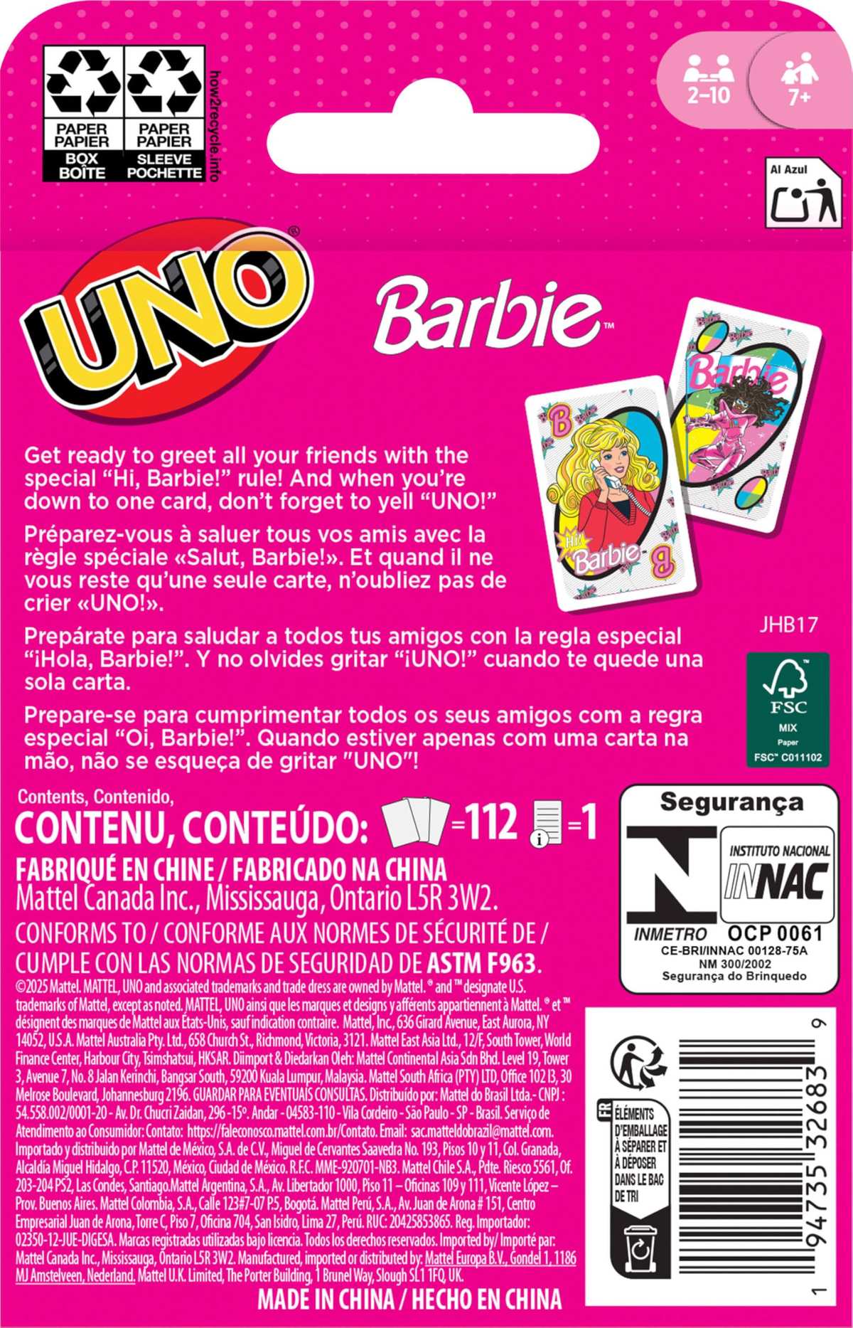 Mattel Games UNO Barbie Kartenspiel spezielle Hi Barbie! Regeln 7+ 2-4 Spieler