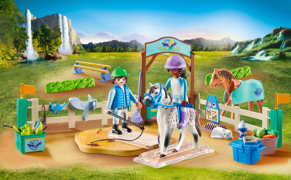 PLAYMOBIL Horses of Waterfall 71637 Moderne Reitschule inklusive beweglicher Longierplatte Pferd + Zubehör 5+
