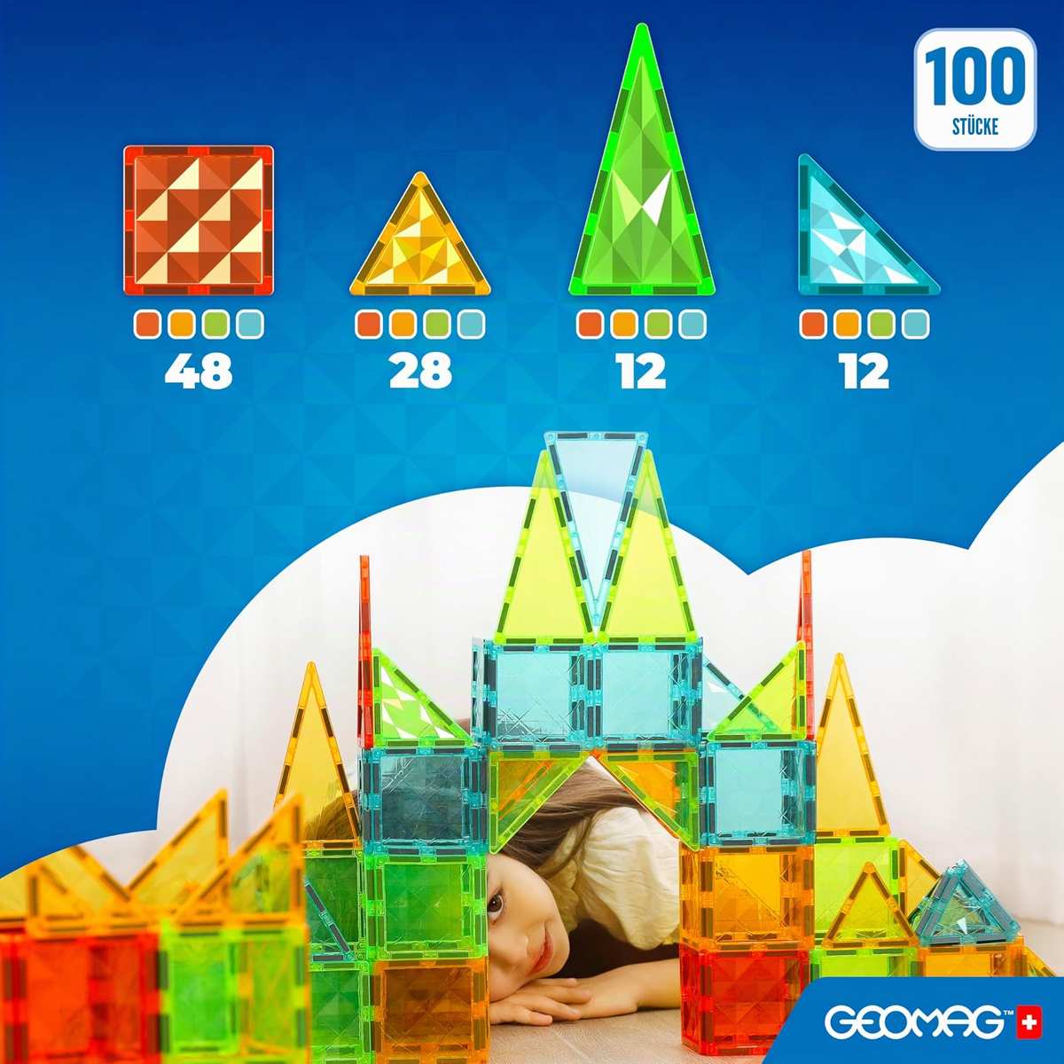 GEOMAG 100 Teile Magnetspiel Fliesen in 4 Formen Montessori Spielzeug 3+ Lernspielzeug